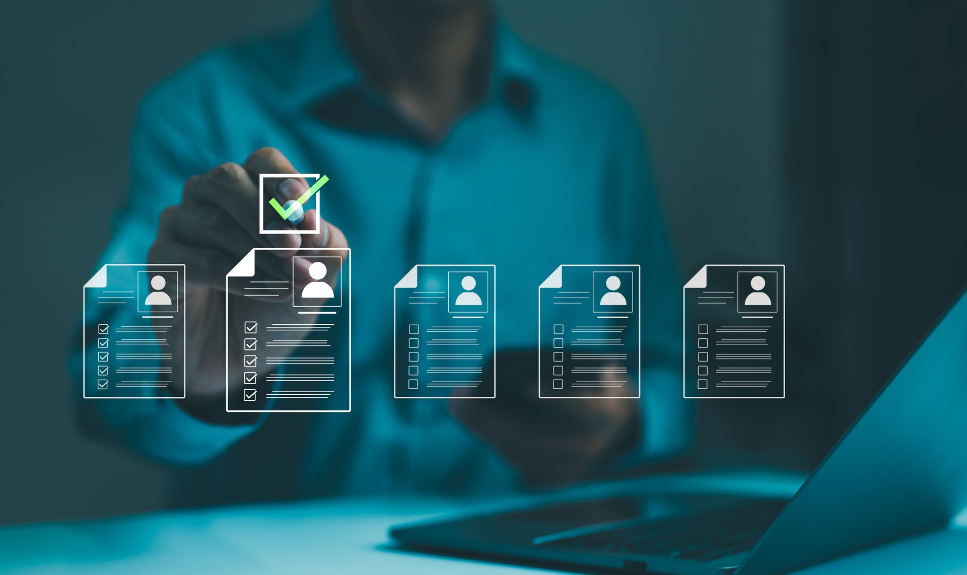 Human Resource Concept. A businessman or HR manager interacting with digital icons of employee evaluations, highlighting the human resource management process in a modern business setting. checklist,